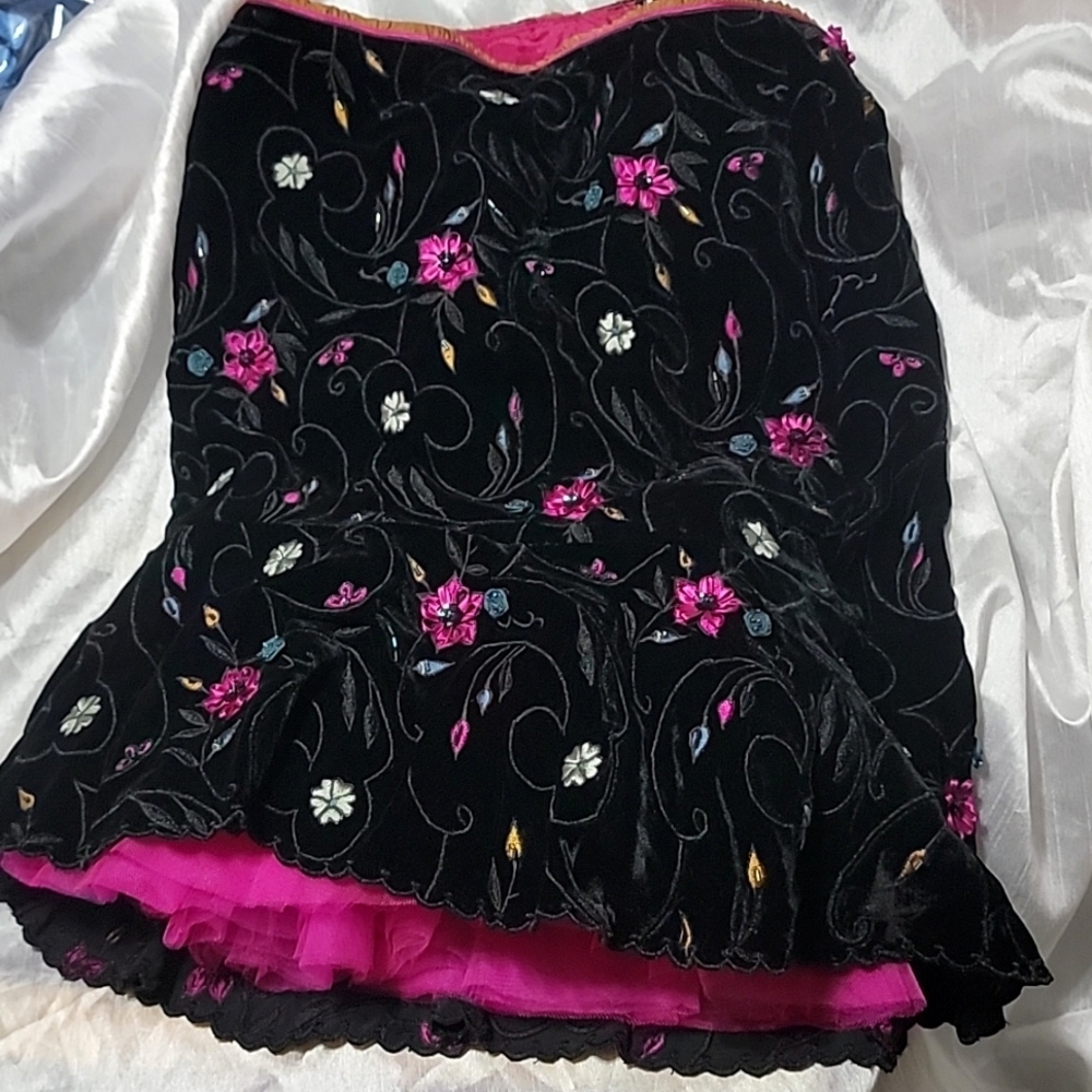 New Kathryn Dianos Black Velvet Embellished Tulle Skirt Rayon Silk Embroidered